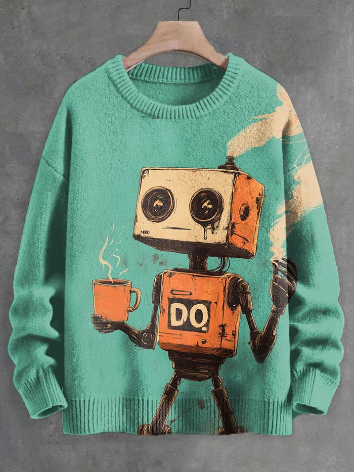Robot Drinking Coffee Printed Sweaters