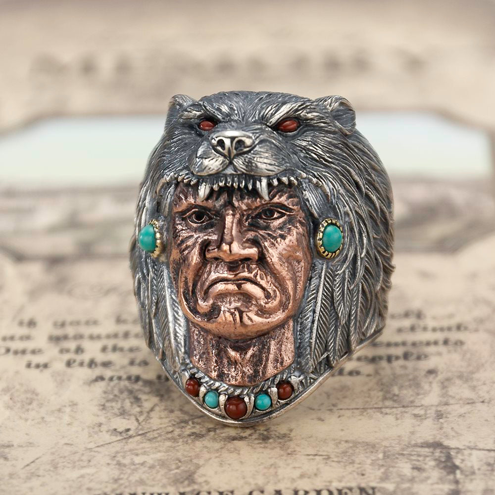 Silver Indian Chief Wolf Head Feather Adjustable Ring