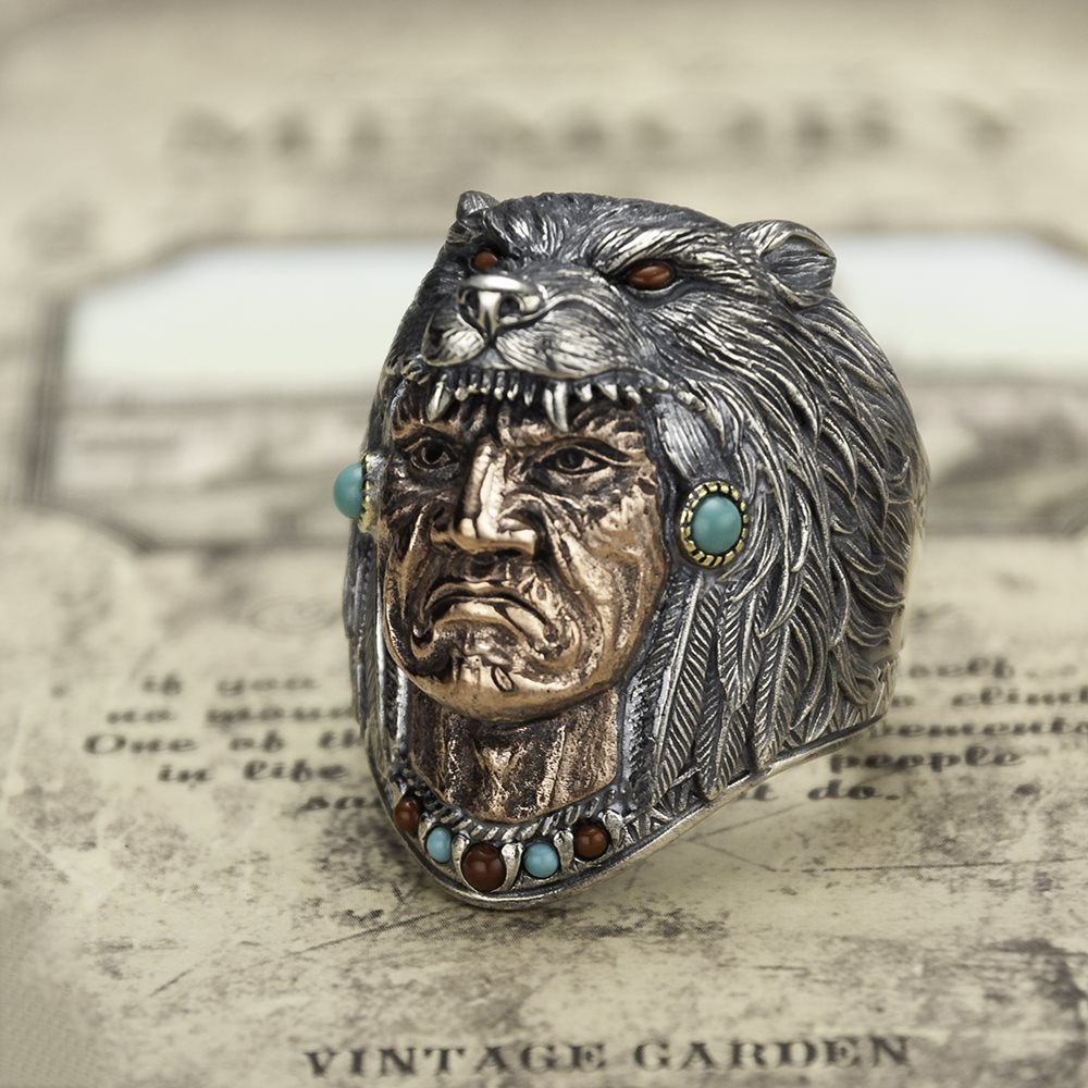 Silver Indian Chief Wolf Head Feather Adjustable Ring