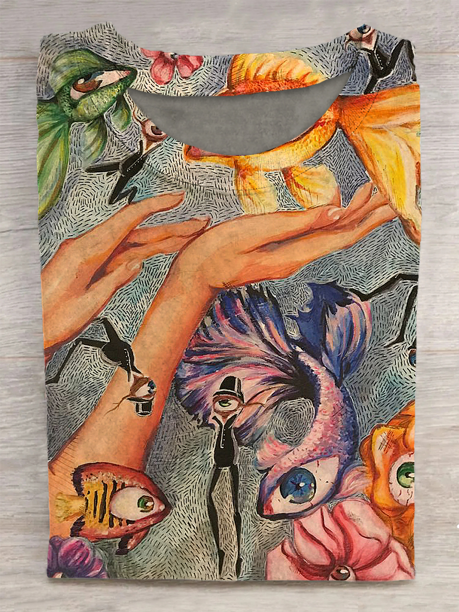 Unisex Abstract colored koi fish Printed Vintage Fashion Loose Short Sleeve T-Shirt