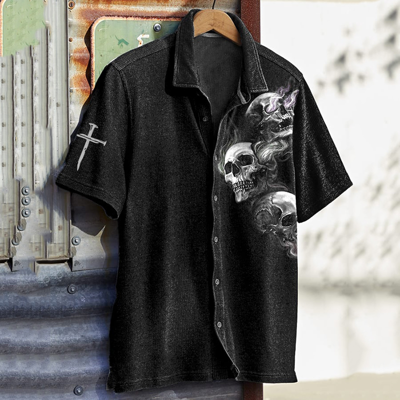 Men's Vintage Skull Print Waffle Shirt