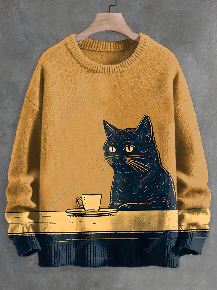 Men's Black Cat Chilling Coffee Art Knit Sweatshirt