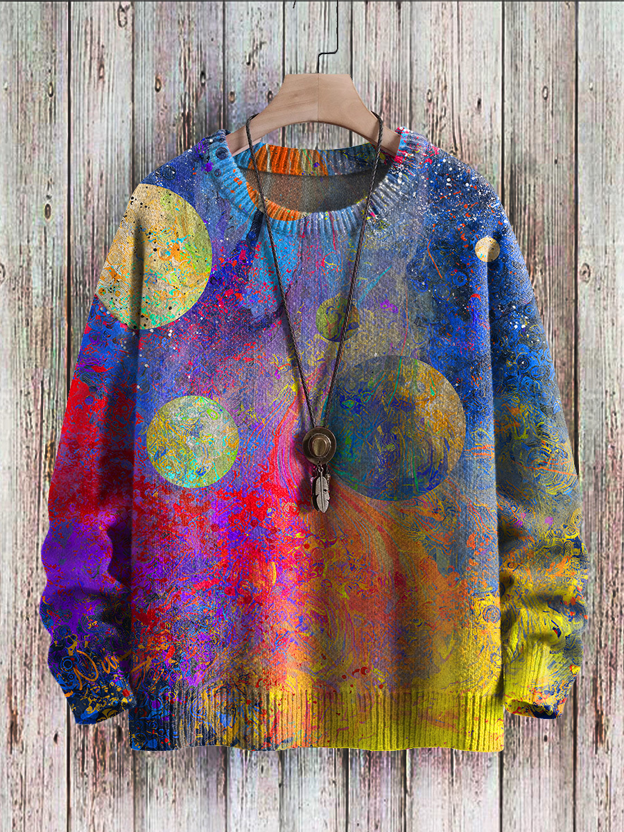 Multicolor Rainbow Gradient Blending Universe Art Print Knit Pullover 