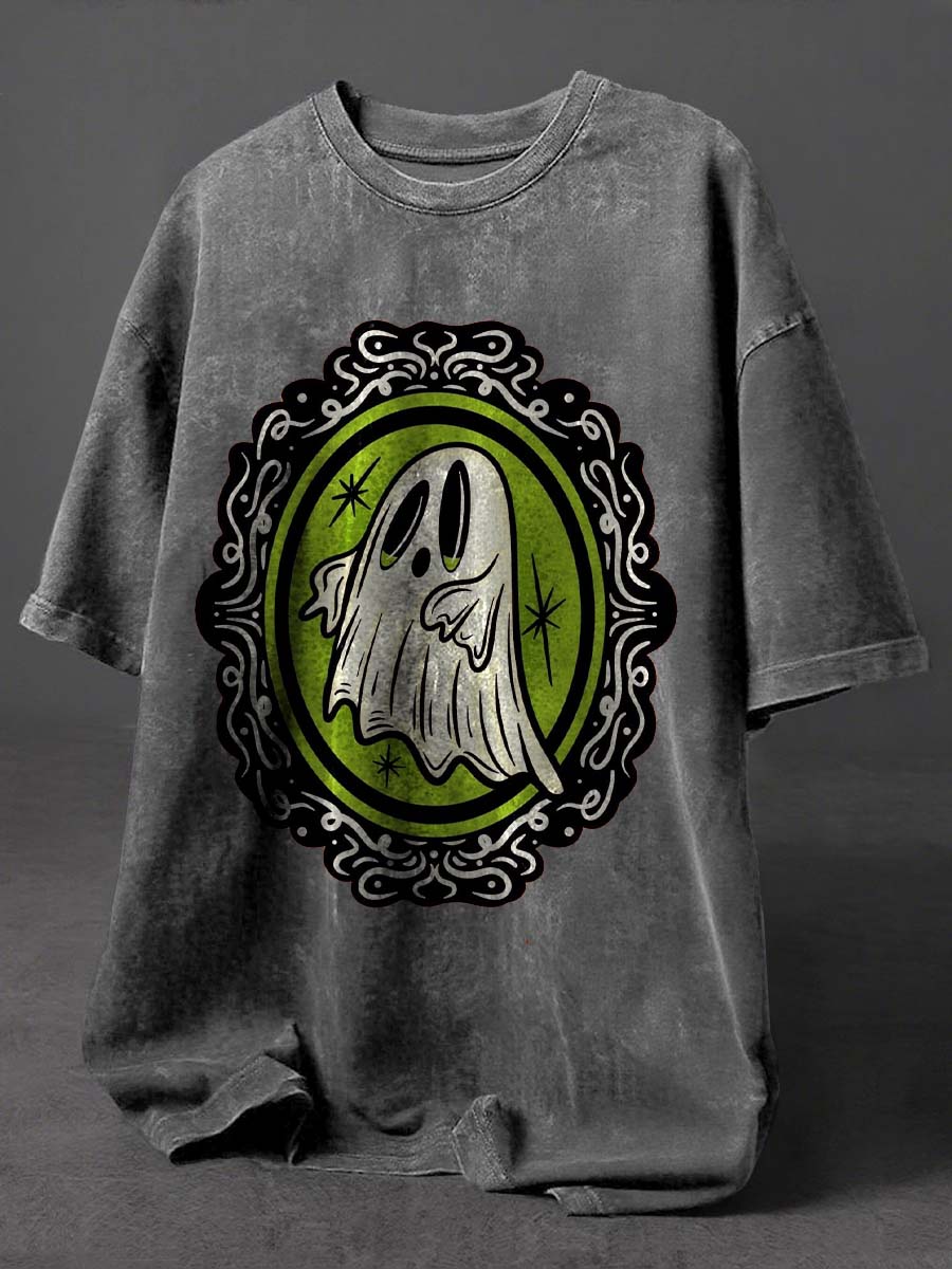 Ghost Halloween Art Print Retro Distressed Washed Cotton T-shirt