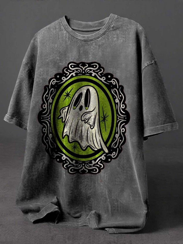 Ghost Halloween Art Print Retro Distressed Washed Cotton T-shirt