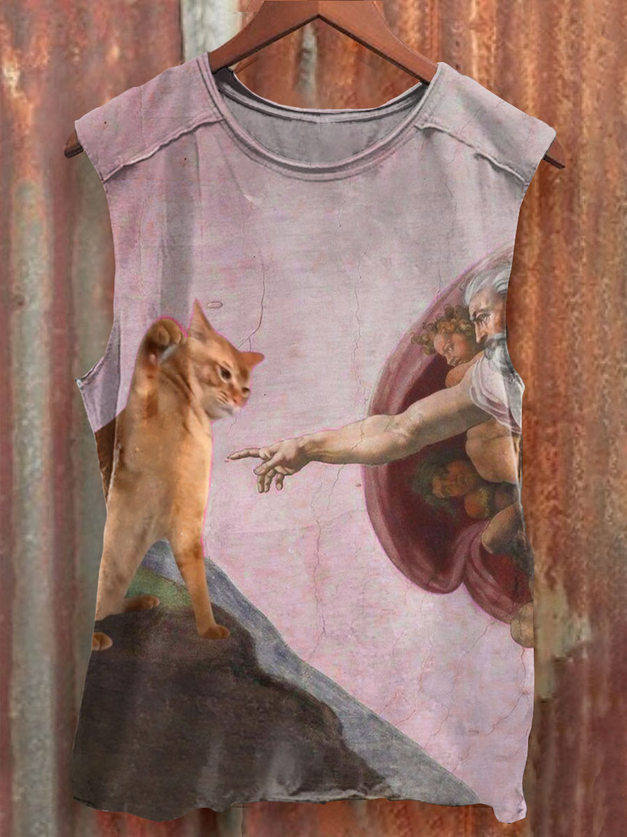 Vintage Funny Cat Art Print Casaul Short Sleeve T-shirt