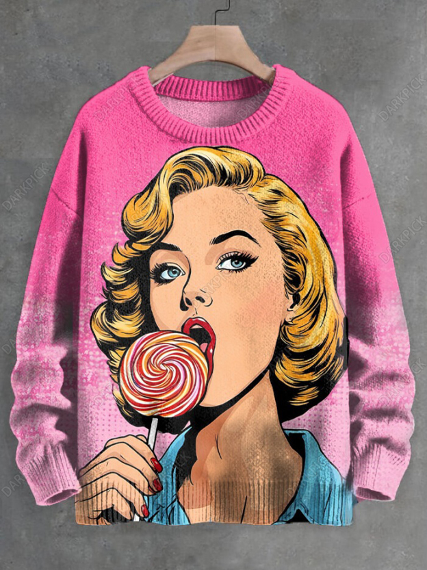 Men's Blonde Girl Eating Lollipop Art Painting Print Knit Sweatshirt