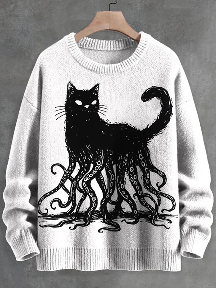 Men's Octopus And Black Cat Print Knit Cozy Sweater