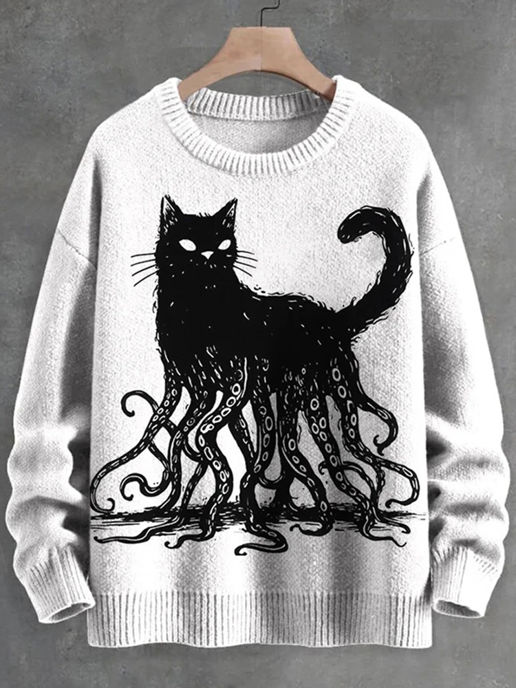 Men's Octopus And Black Cat Print Knit Cozy Sweater