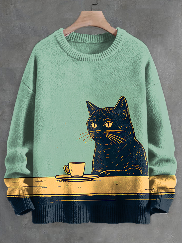 Men's Black Cat Chilling Coffee Art Knit Sweatshirt