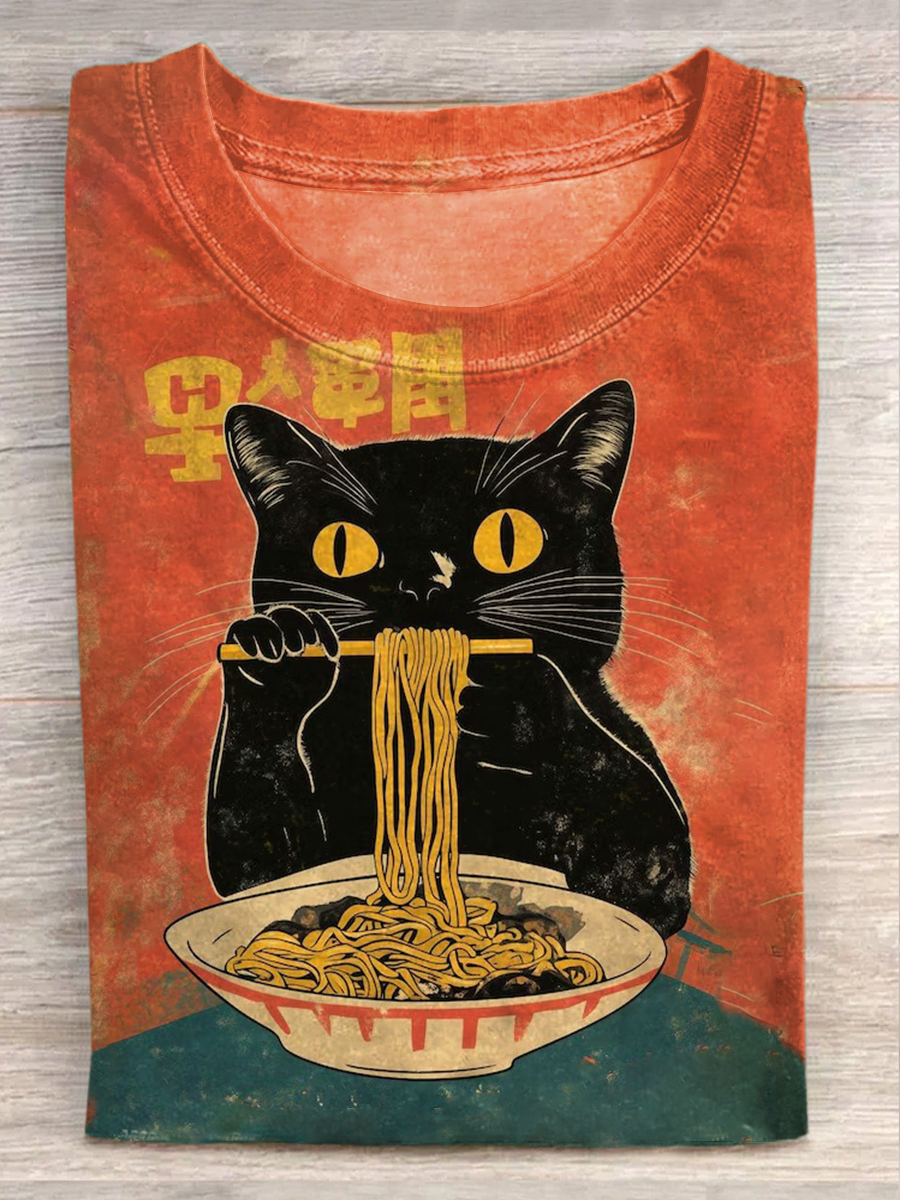 Unisex  Black Cat Eating Ramen Printed Vintage Fashion Loose Short Sleeve T-Shirt