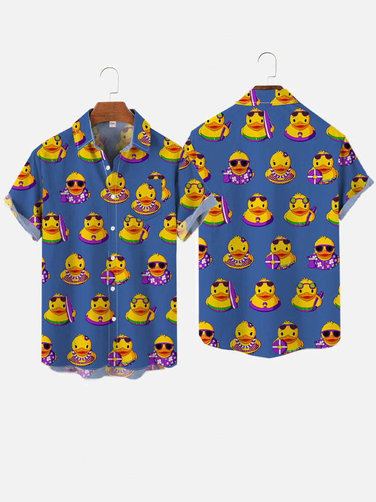  Navy Cartoon Rubber Ducks Vacation Pattern Printing Breast Pocket Short Sleeve Shirt