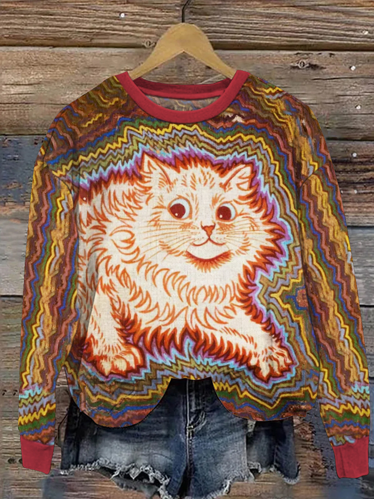 Vintage Psychedelic Cat Print Women's Casual Sweatshirt