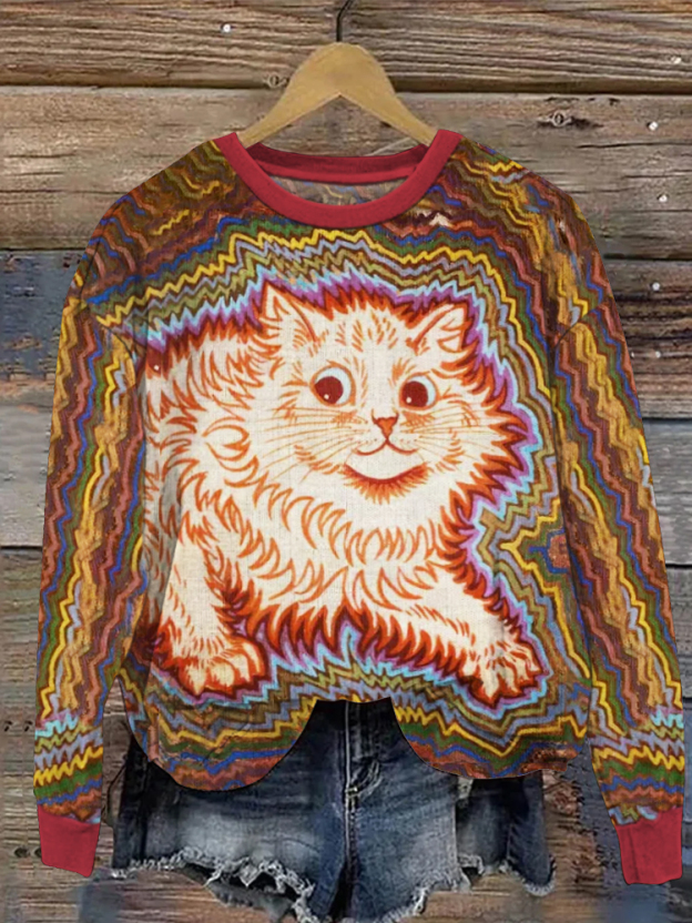 Vintage Psychedelic Cat Print Women's Casual Sweatshirt