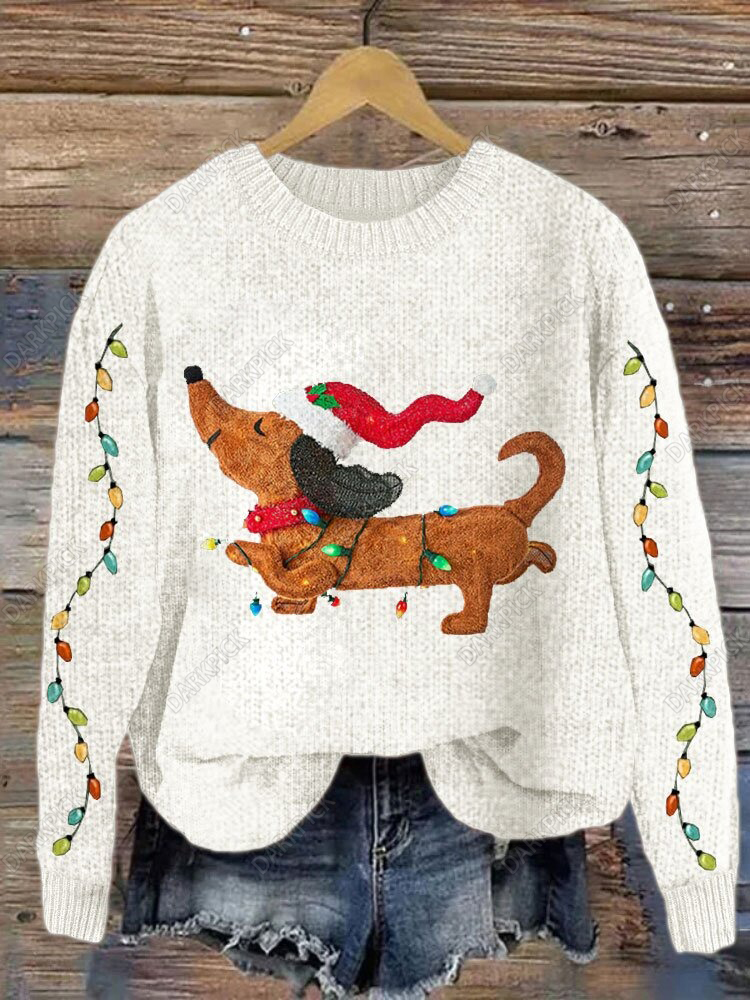 Women's Dachshund And Christmas Lights Print Knit Sweatshirt
