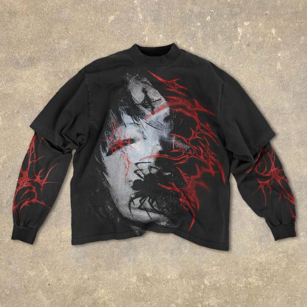 Fake Two Dark Style Print Long Sleeve T-Shirt