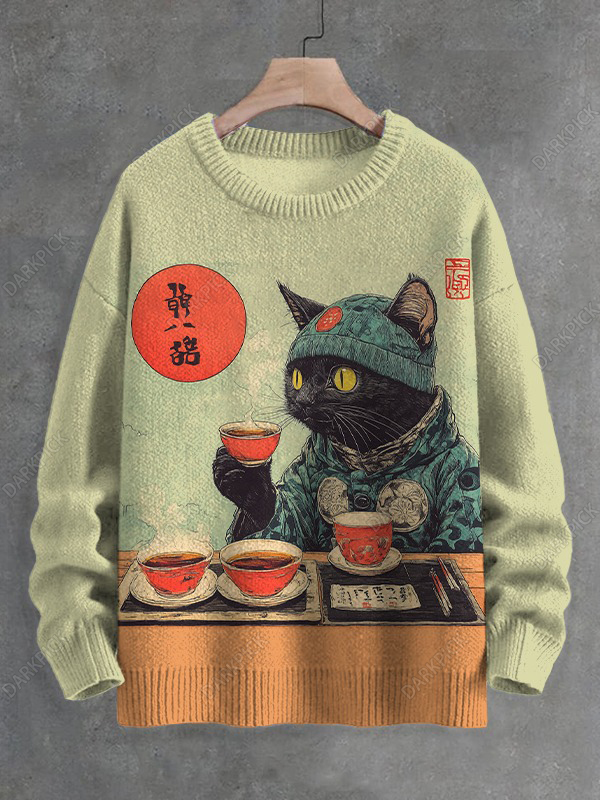 Men's Black Cat Tasting Tea Japanese Tea Ceremony Art Print Knit Sweatshirt
