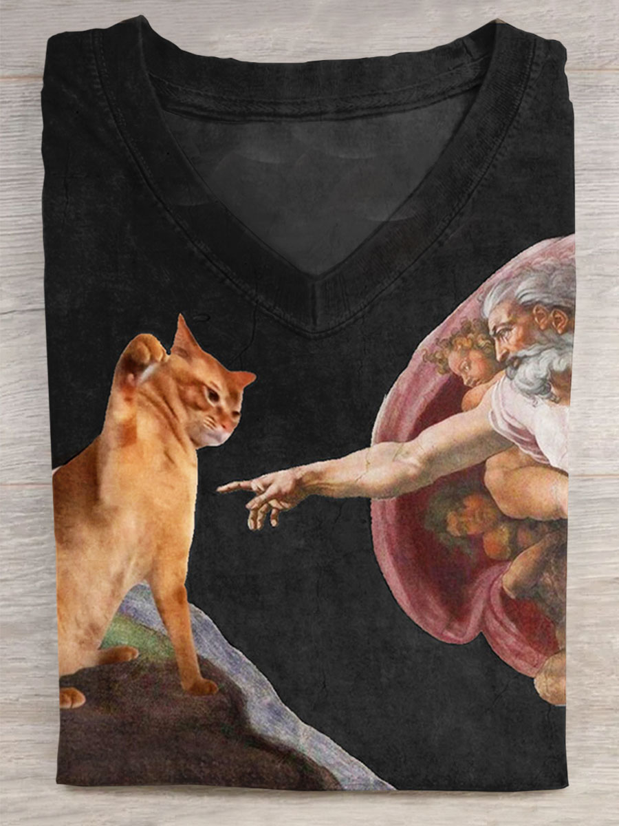 Vintage Funny Cat Art Print V-neck Casual T-Shirt