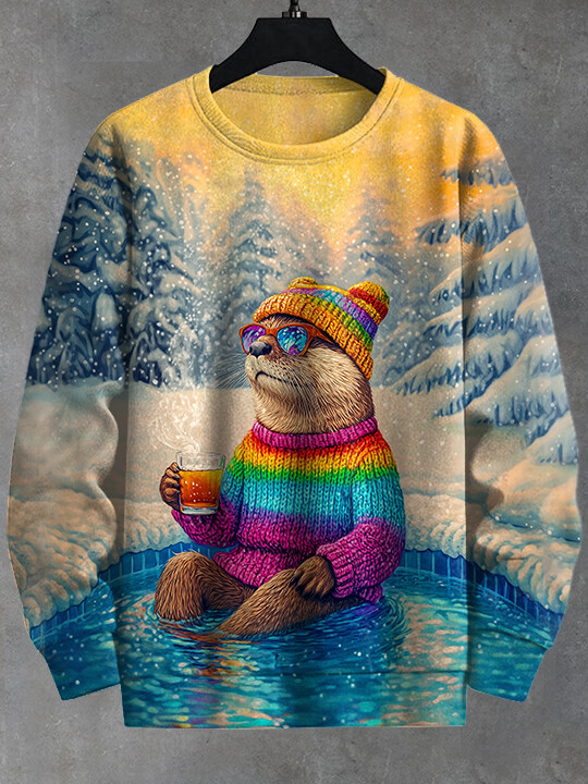 Men's Rainbow Sweater Otter Drinking Hot Springs Cedar Forest Art Print Casual Sweater