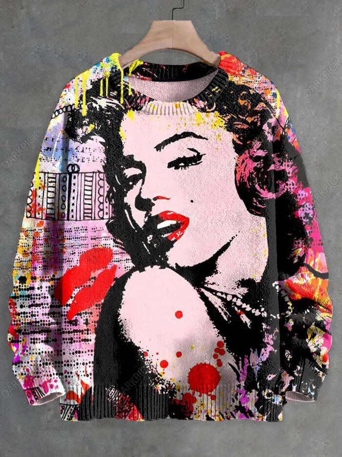 Men's Elegant Lady And Red Lips Art Painting Print Knit Sweatshirt