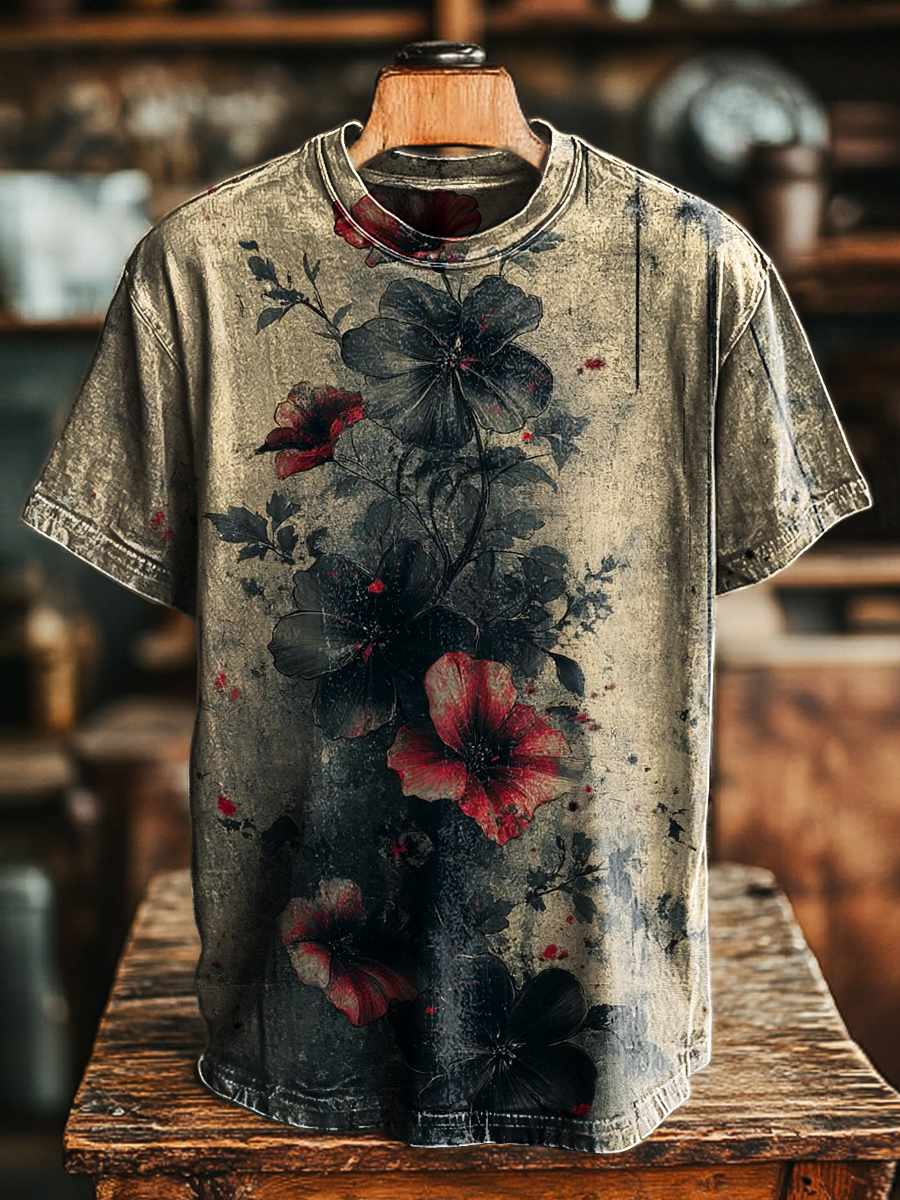 Unisex Retro Dark Floral Print Casual Loose Short Sleeve T-Shirt