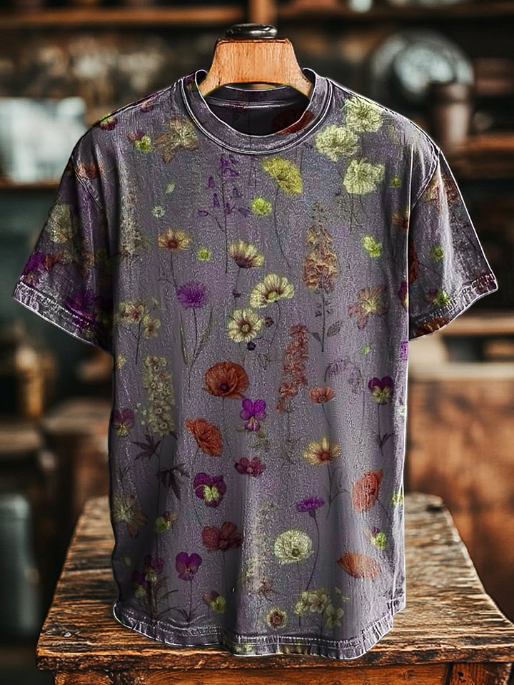 Unisex Retro Floral Print Casual Loose Short Sleeve T-Shirt