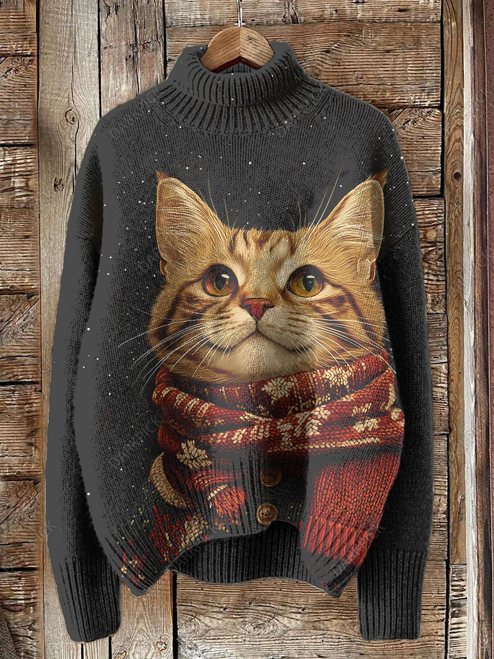 Women's Christmas Scarf Cat Print High Neck Knit Sweatshirt