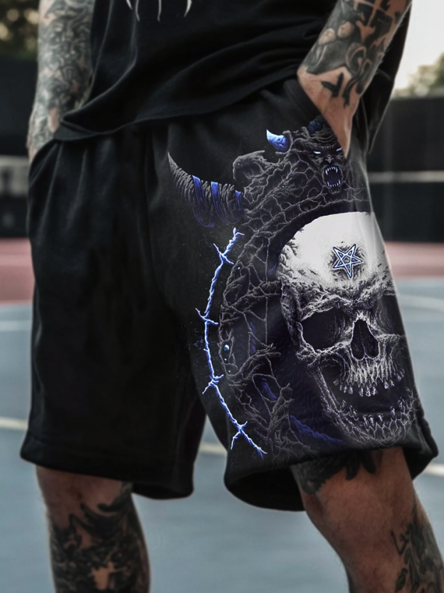 Satanic Skull Devil Dark Pentagram Printed Shorts