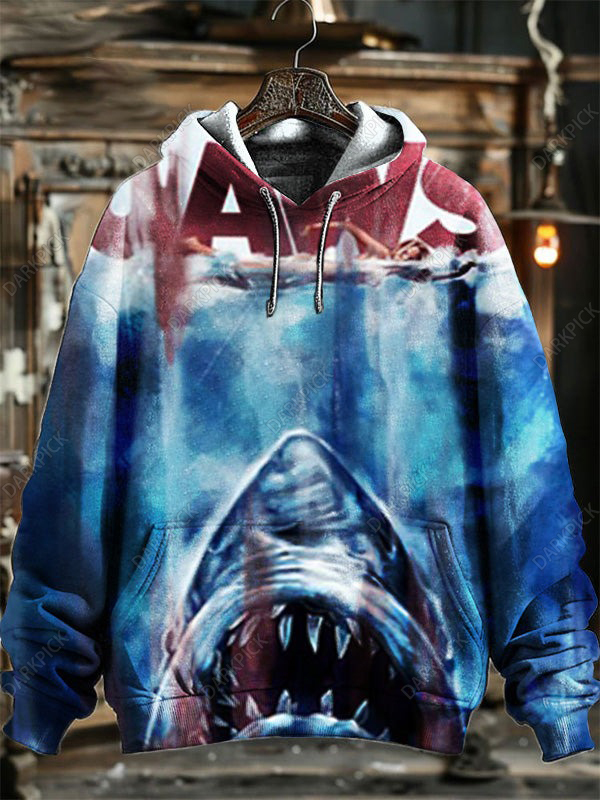 Neutral Fashion Retro Shark Poster Full Body Printed Hooded Sweatshirt