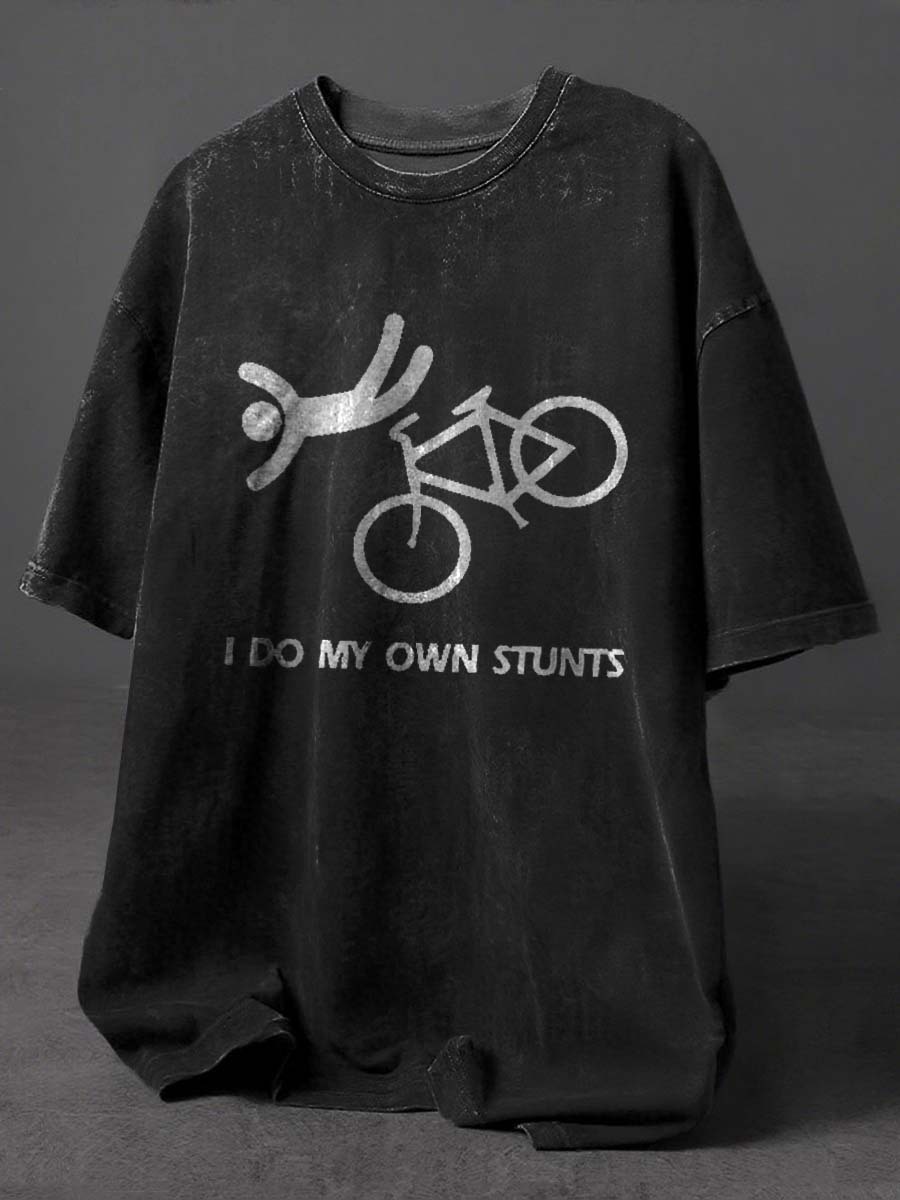I Do My Own Stunts Print Retro Distressed Washed Cotton T-shirt