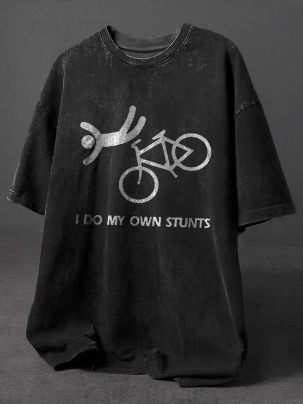 I Do My Own Stunts Print Retro Distressed Washed Cotton T-shirt