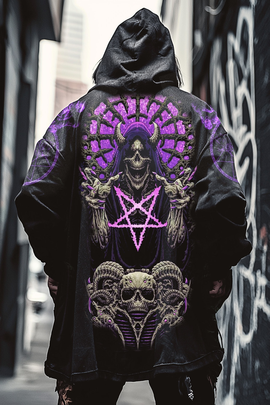Men's Satanic Purple Pentagrams Grim Reaper Digital 3D Printed Casual Hooded Jacket