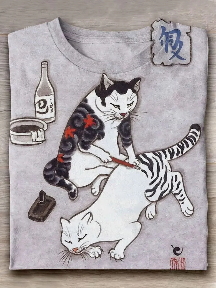 Funny Cat In Tattoo Art Print Casual Short Sleeve T-shirt