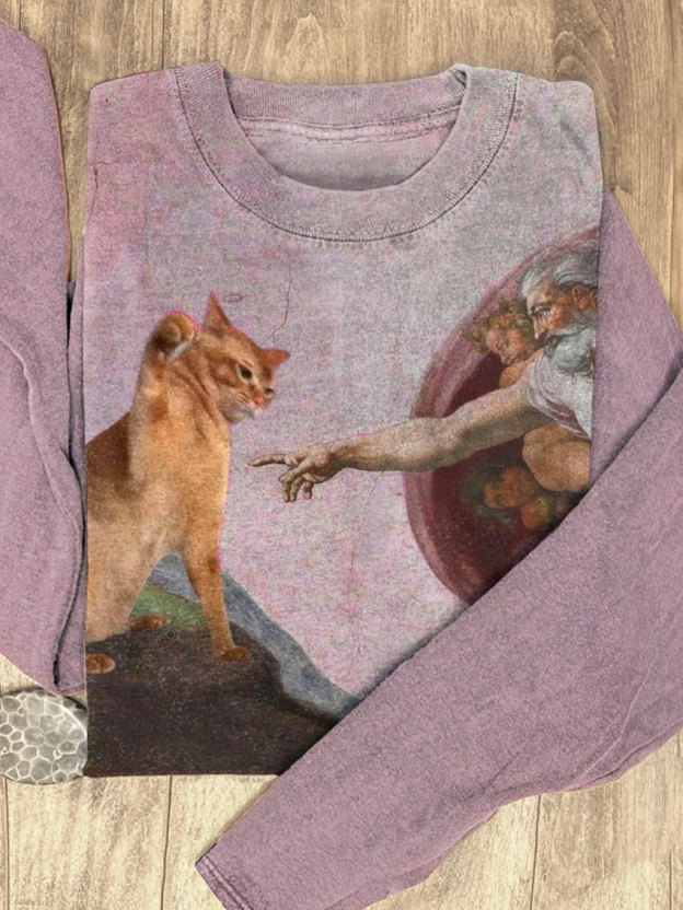 Vintage Funny Cat Art Print Casaul Short Sleeve T-shirt