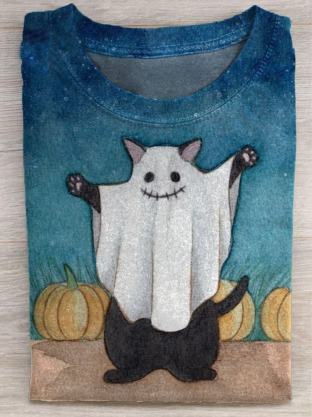 Unisex Vintage Halloween Ghost Cat Art Print T-shirt