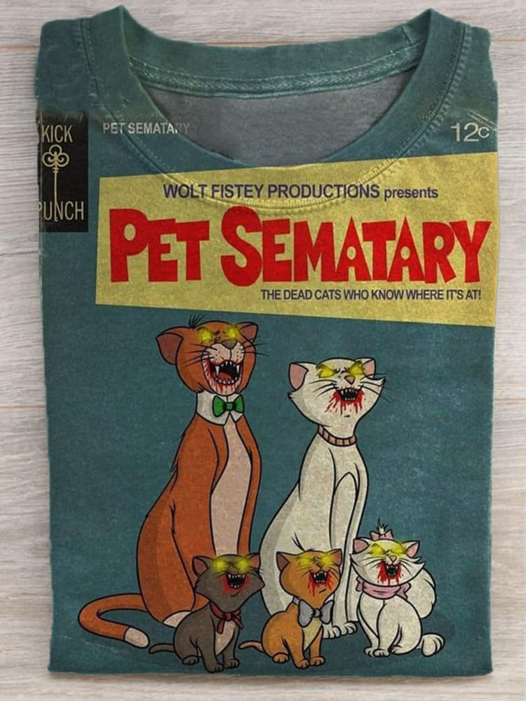 Unisex Vintage Halloween Zombie Cat Pet Sematary Art Print T-shirt