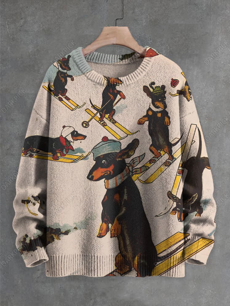 Men's Dachshund Skiing Vintage Print Knit Sweatshirt