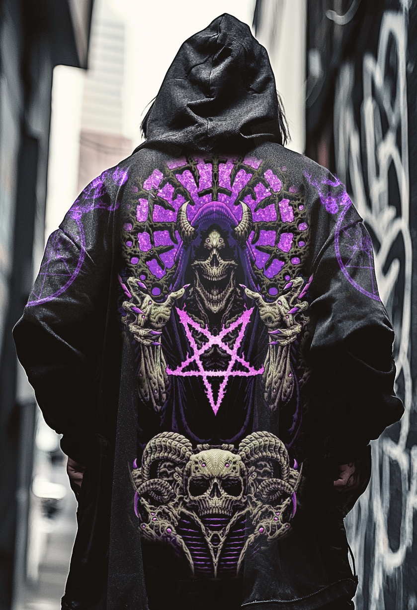 Men's Satanic Purple Pentagrams Grim Reaper Digital 3D Printed Casual Hooded Jacket