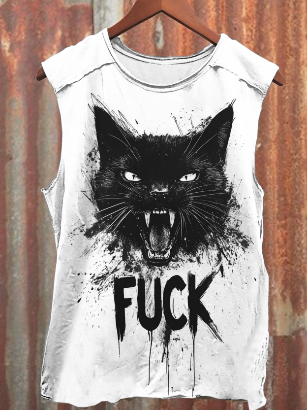 A Black Cat Yelling Fuck Vintage Print 100% Cotton Casual Tank Top