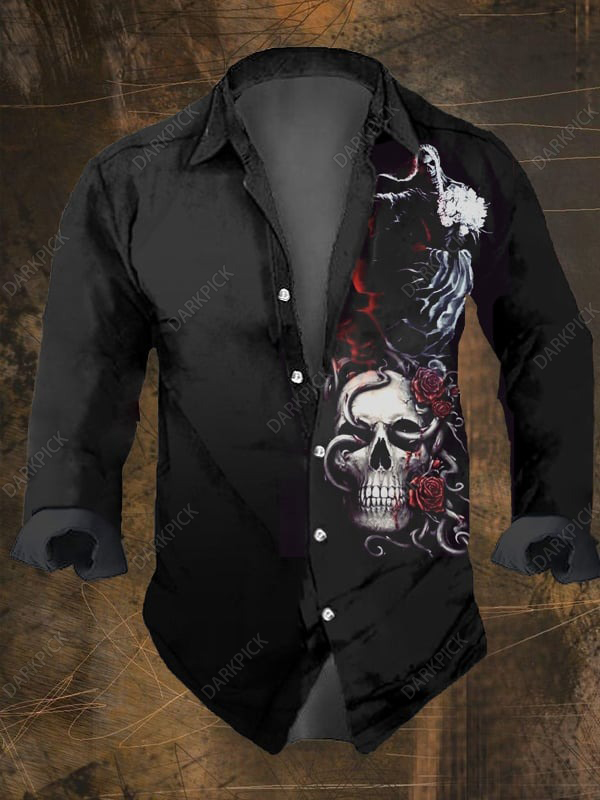 Men's Vintage Dark Skull Print Long Sleeve Shirt