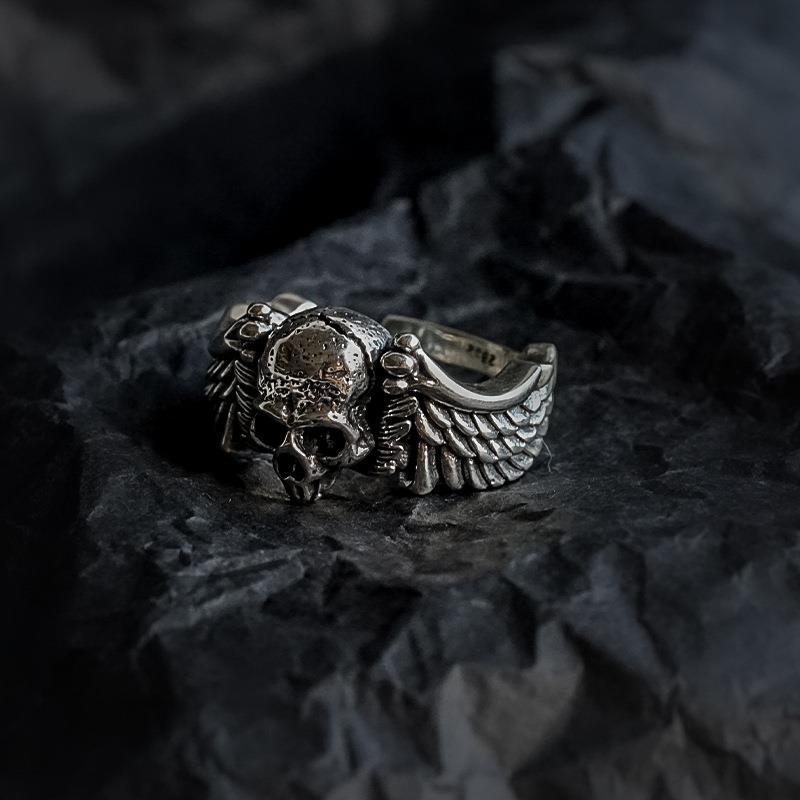 Retro Distressed Punk Style Thai Silver Hip-hop Personality Wing Skull Open Ring