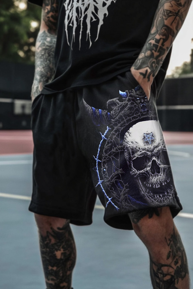 Satanic Skull Devil Dark Pentagram Printed Shorts