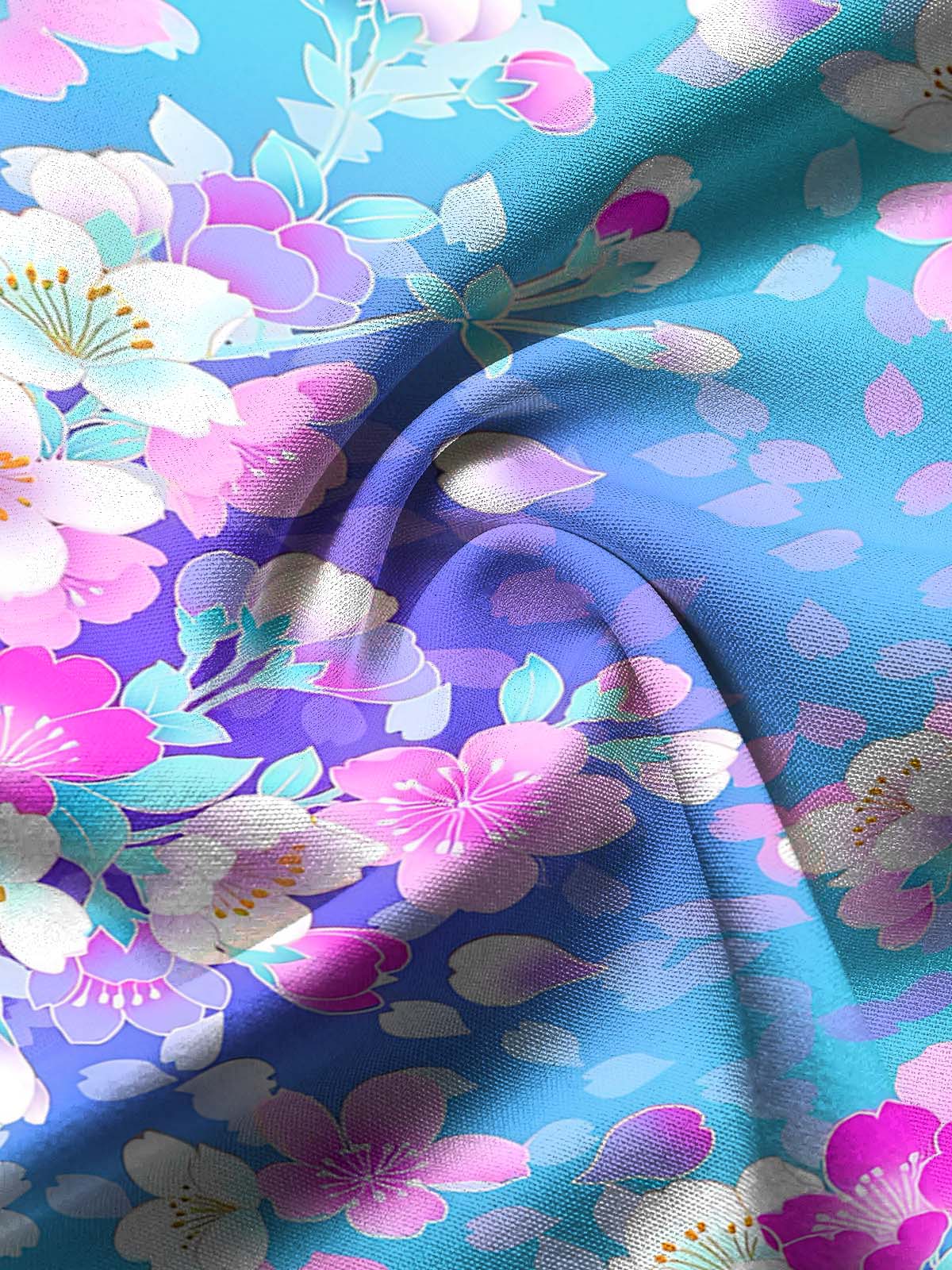 Moisture Wicking Blue Gradient Floral Hawaiian Print Short Sleeve Pocket Shirt