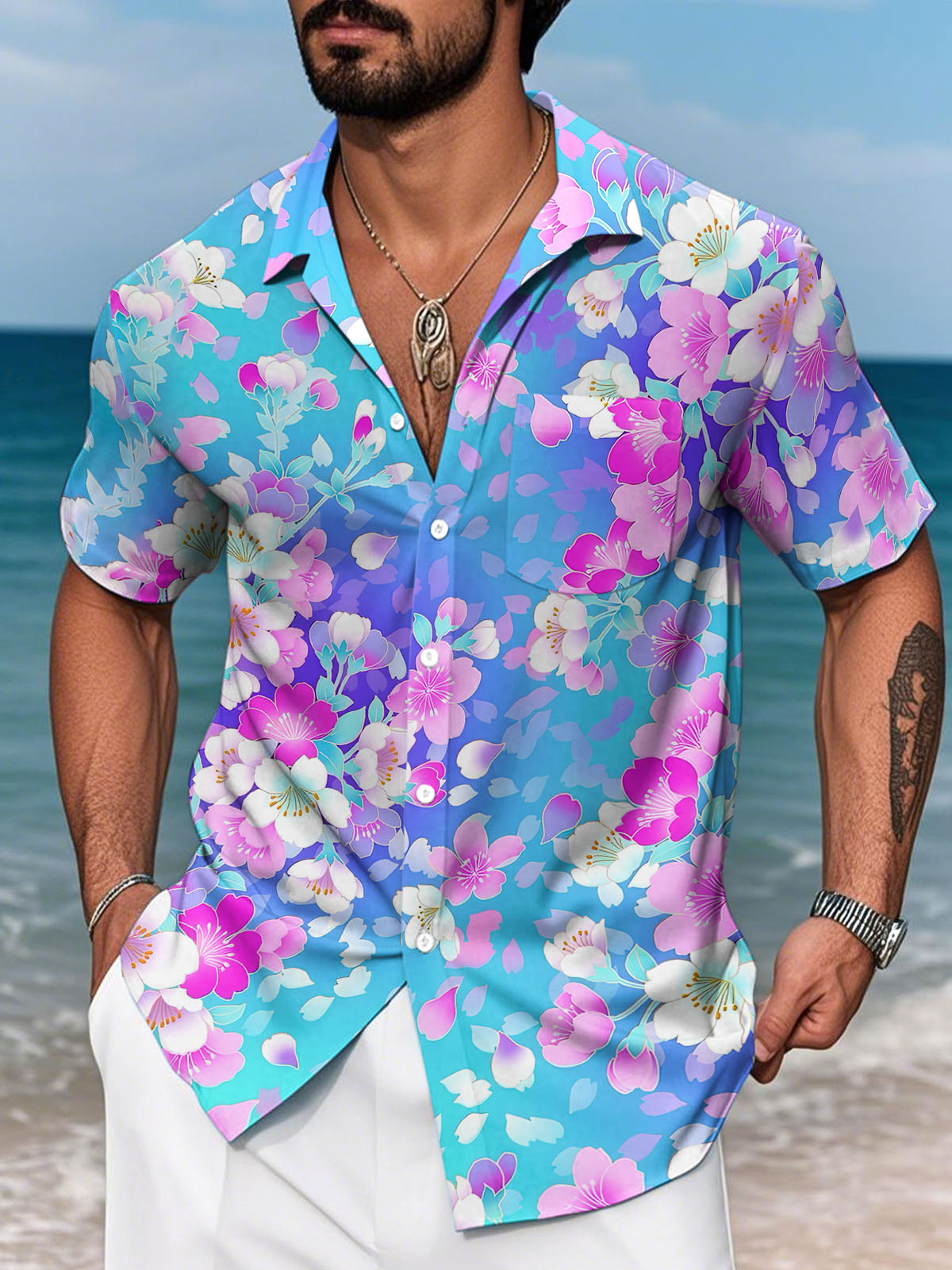 Moisture Wicking Blue Gradient Floral Hawaiian Print Short Sleeve Pocket Shirt