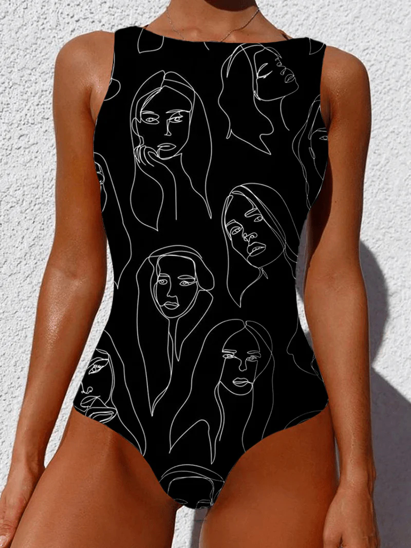 Graffiti Abstract Print round Neck One PieceSleevless Slimming Swimsuit for Women