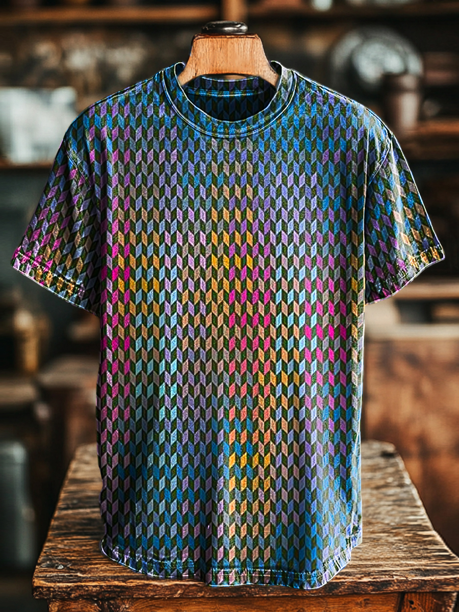 Unisex Retro Multicolor Geometric Print Casual Loose Short Sleeve T-Sh
