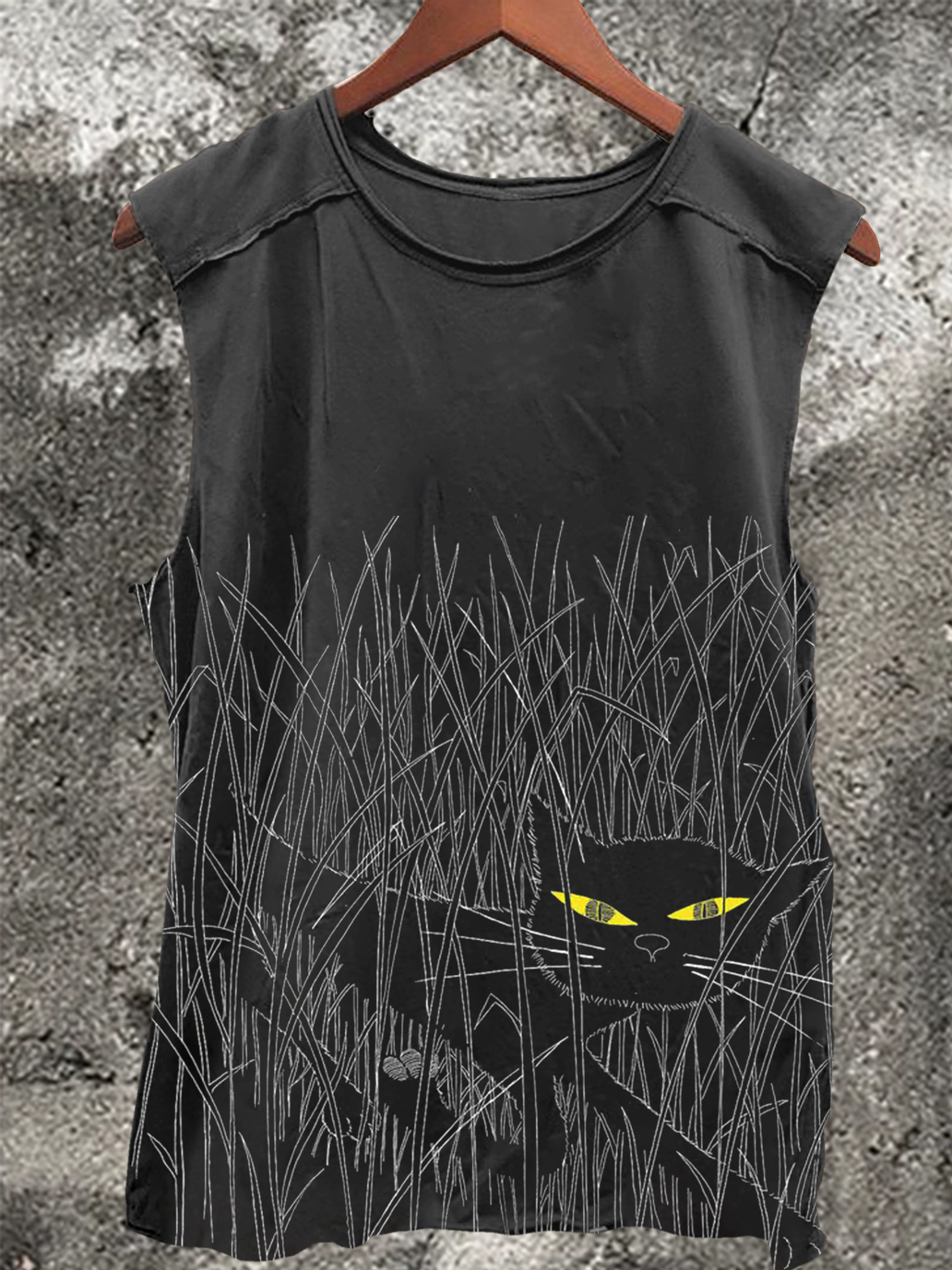 Vintage Black Cat Print 100% Cotton Casual Tank Top
