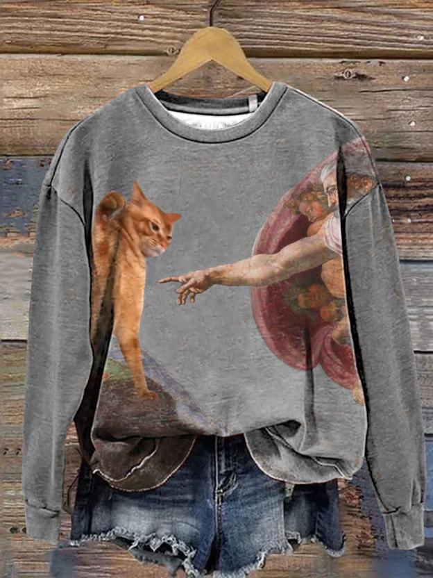 Vintage Funny Cat Art Print Casaul Short Sleeve T-shirt