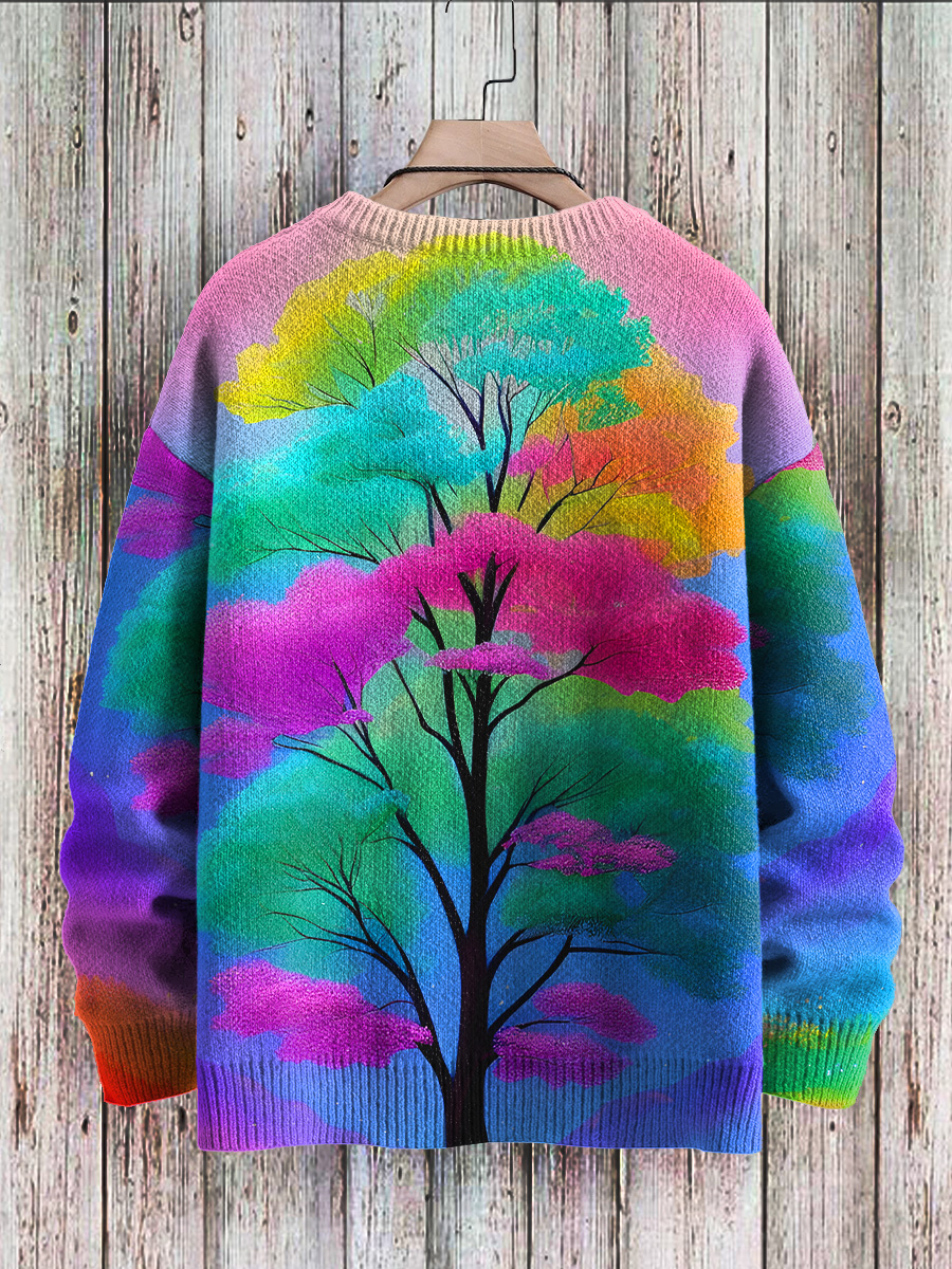 Multicolor Rainbow Trees Art Print Knit Pullover Sweater