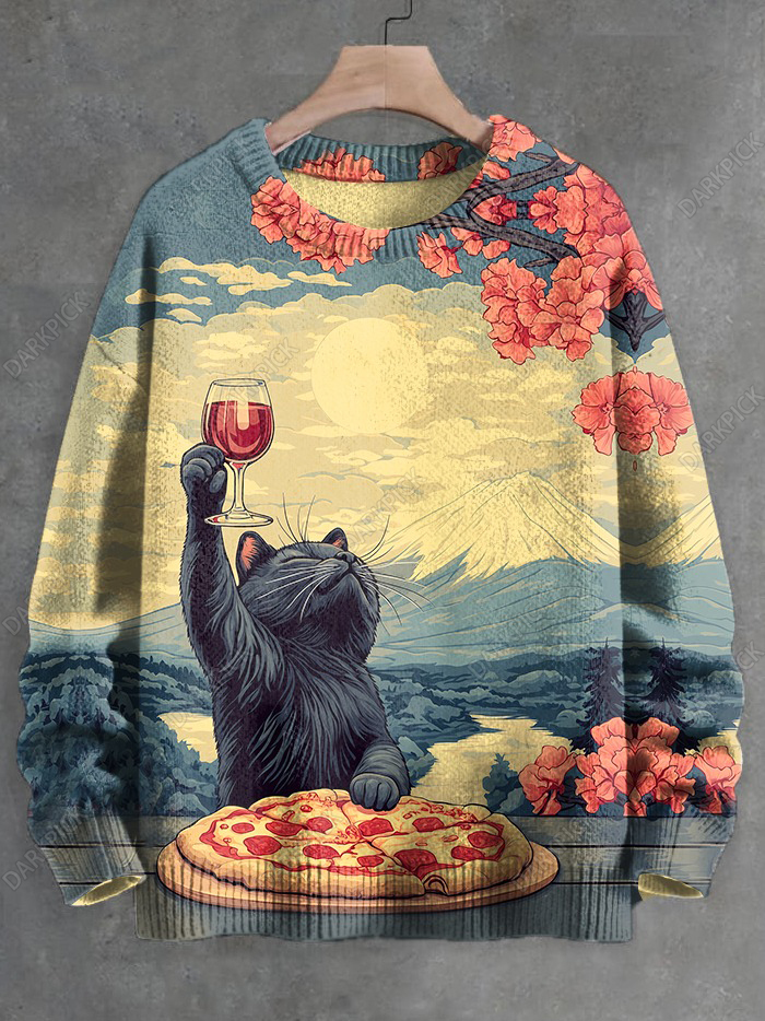 Men's Cat Cheers Ukiyo-e Sakura Print Knit Sweatshirt